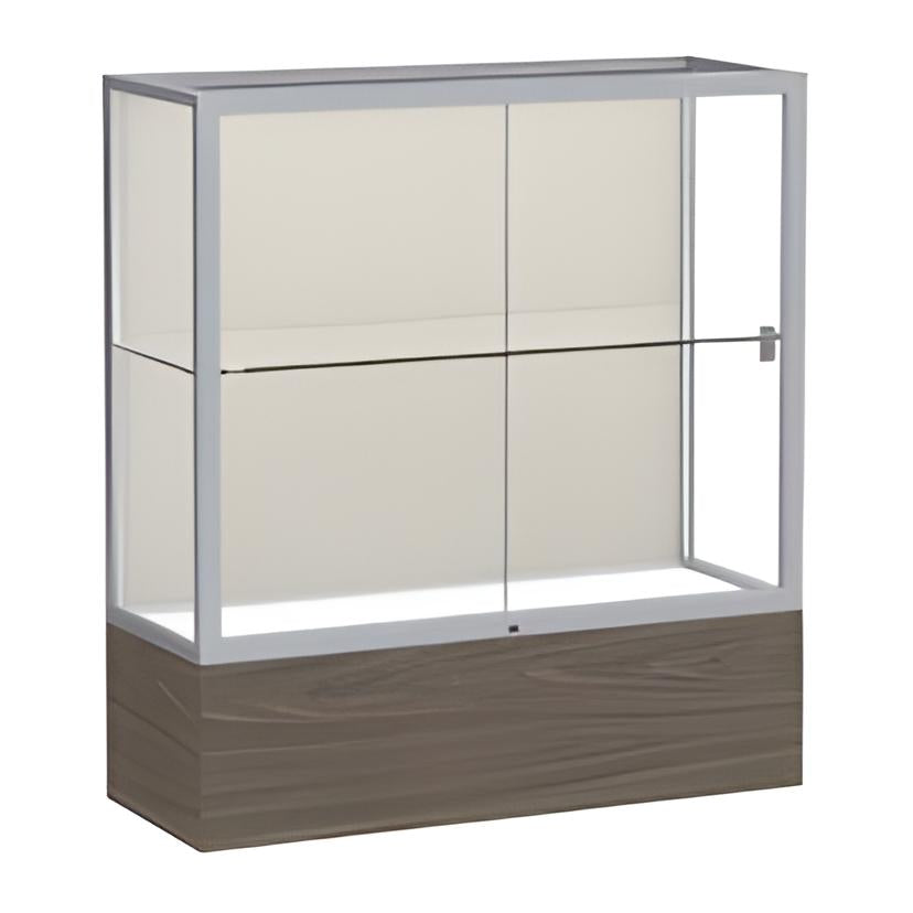 Reliant Walnut Vinyl case, Plaque Fabric Back w/ Satin Natural aluminum frame finish, 40"H x 36"W x 14"D