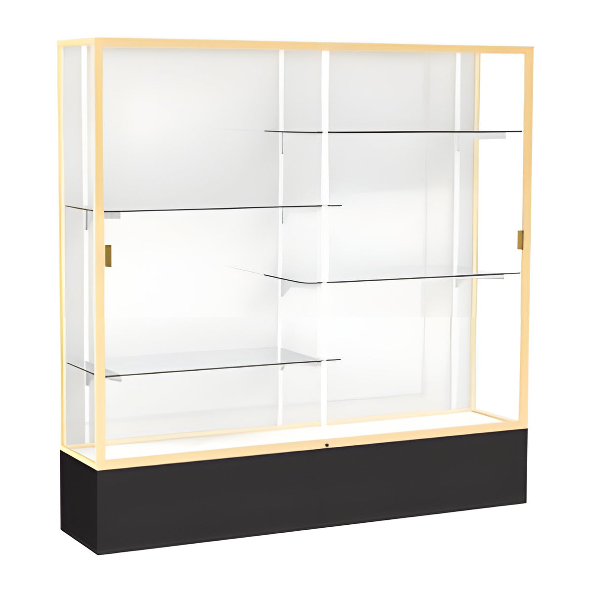 Spirit Black Display Case (Unighted), White Laminate Back w/ Champagne aluminum frame finish, 72"H x 72"W x 16"D