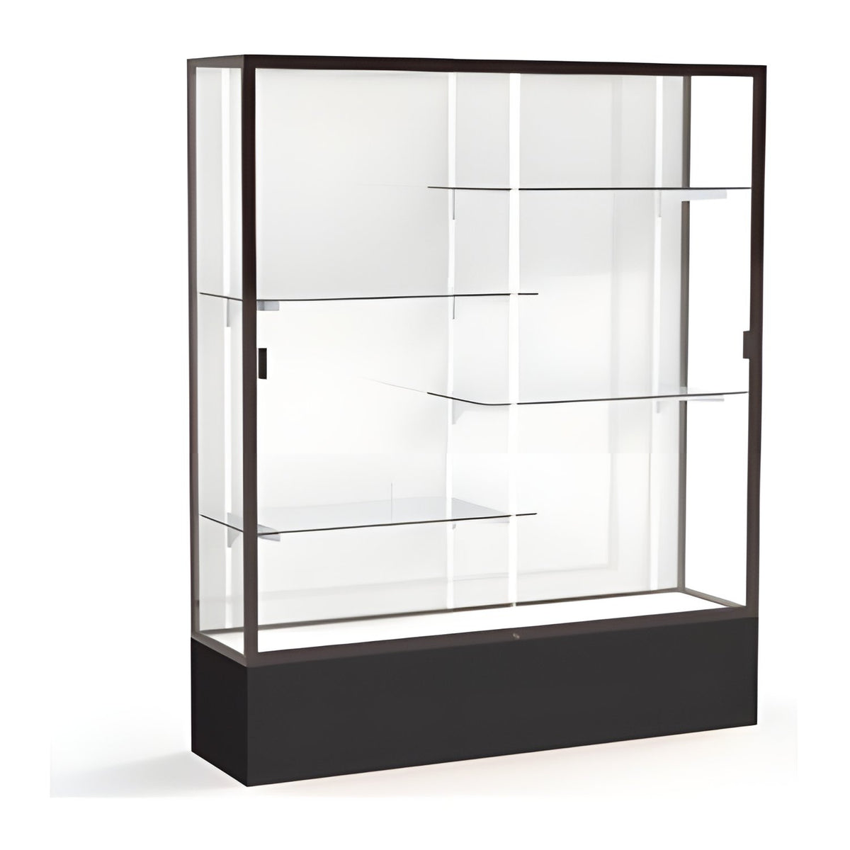 Spirit Black Display Case (Unighted), White Laminate Back w/ Dark Bronze aluminum frame finish, 72"H x 60"W x 16"D