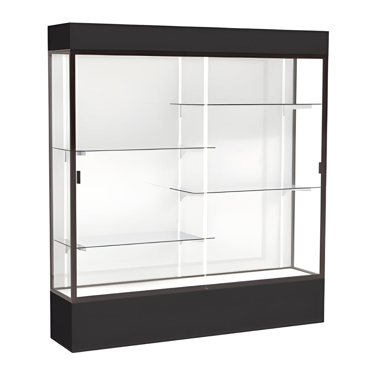 Spirit Black Display Case (Lighted), White Laminate Back w/ Dark Bronze aluminum frame finish, 80"H x 72"W x 16"D