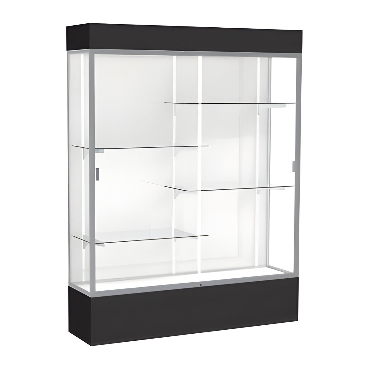 Spirit Black Display Case (Lighted), White Laminate Back w/ Satin Natural aluminum frame finish, 80"H x 60"W x 16"D