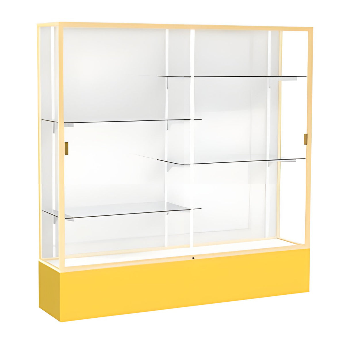 Spirit Goldenrod Display Case (Unighted), White Laminate Back w/ Champagne aluminum frame finish, 72"H x 72"W x 16"D