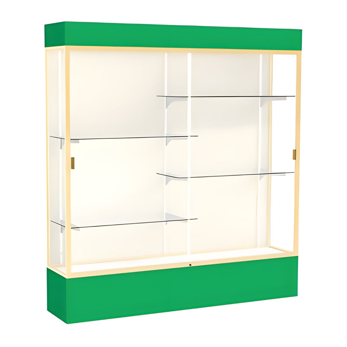 Spirit Kelly Green Display Case (Lighted), Plaque Fabric Back w/ Champagne aluminum frame finish, 80"H x 72"W x 16"D