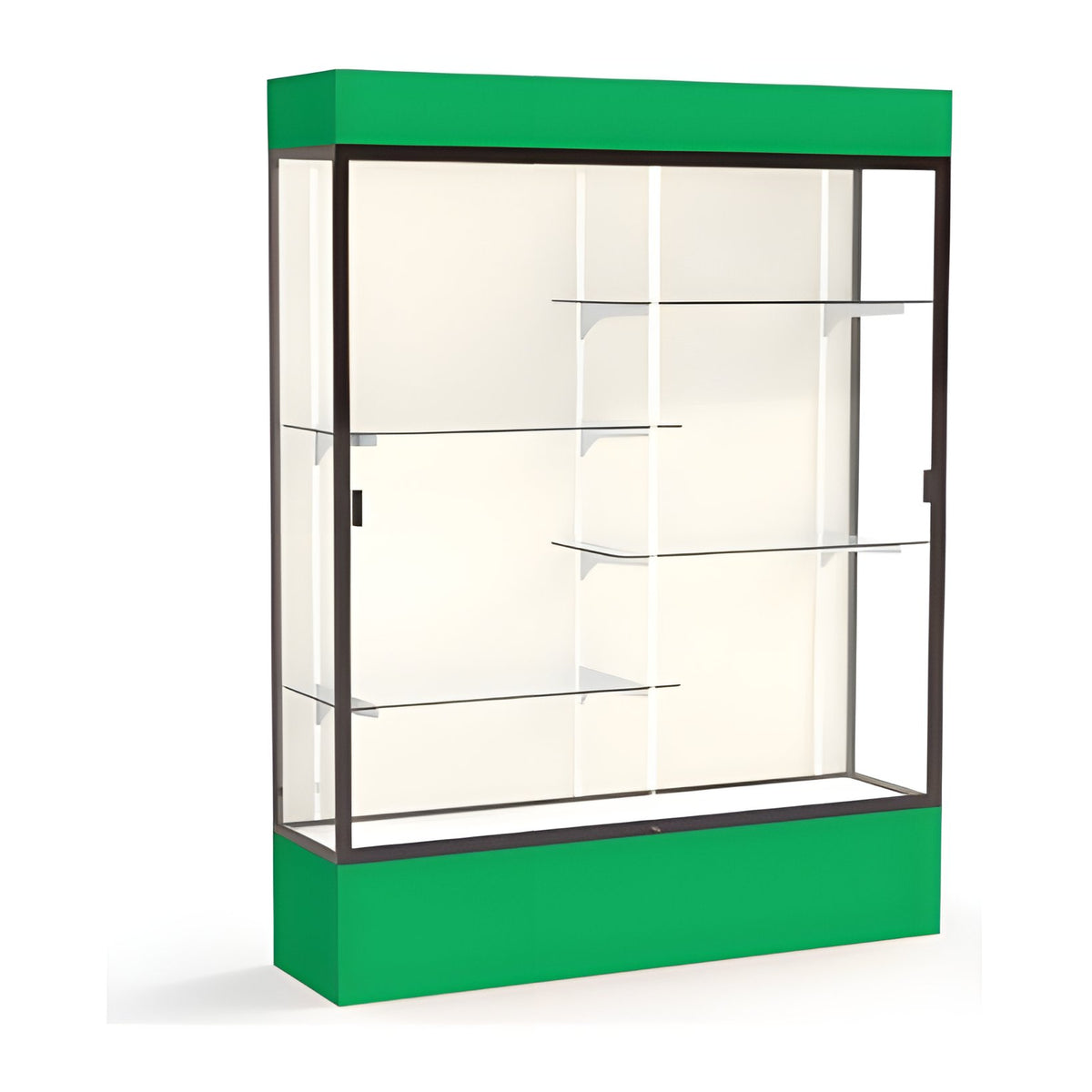 Spirit Kelly Green Display Case (Lighted), Plaque Fabric Back w/ Dark Bronze aluminum frame finish, 80"H x 60"W x 16"D