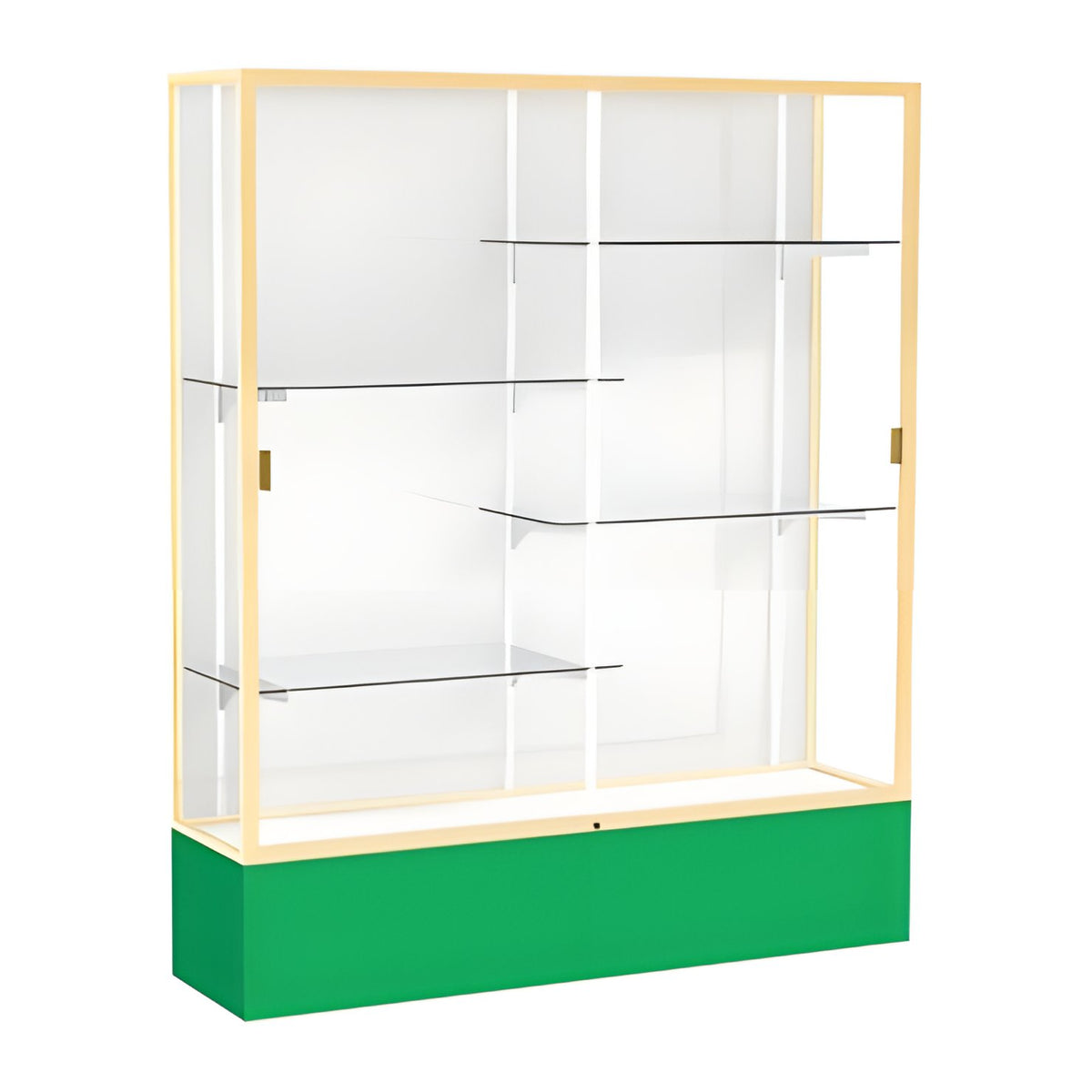 Spirit Kelly Green Display Case (Unighted), White Laminate Back w/ Champagne aluminum frame finish, 72"H x 60"W x 16"D