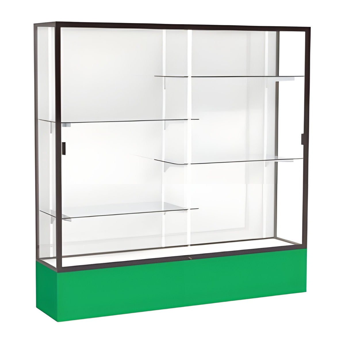 Spirit Kelly Green Display Case (Unighted), White Laminate Back w/ Dark Bronze aluminum frame finish, 72"H x 72"W x 16"D