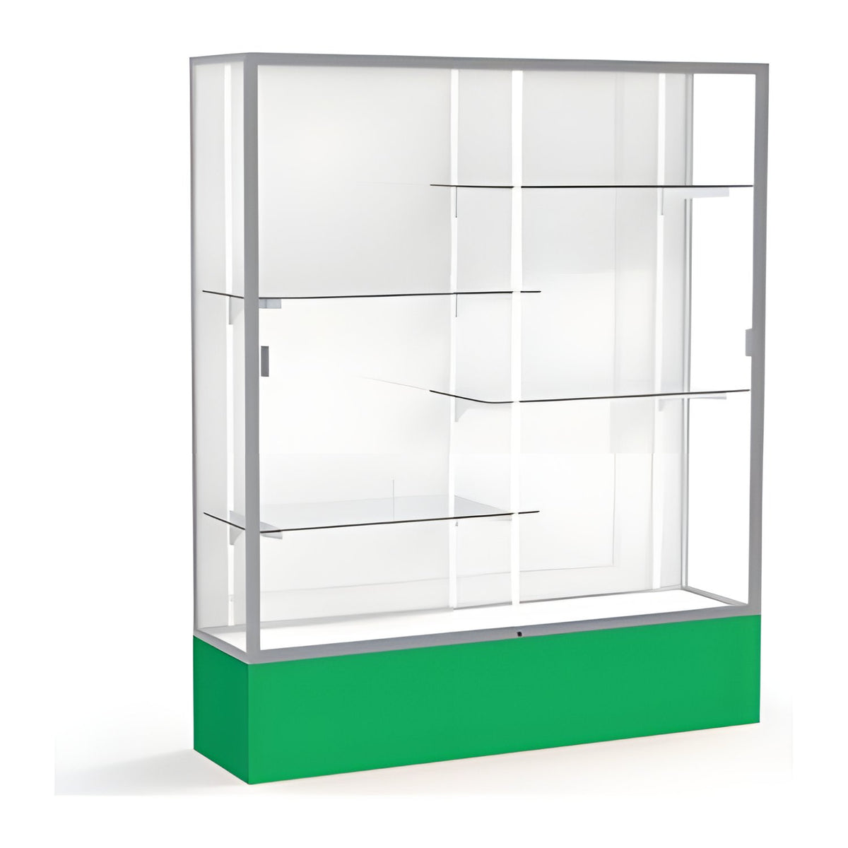 Spirit Kelly Green Display Case (Unighted), White Laminate Back w/ Satin Natural aluminum frame finish, 72"H x 60"W x 16"D