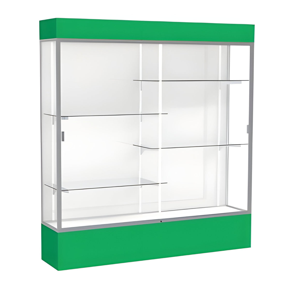 Spirit Kelly Green Display Case (Lighted), White Laminate Back w/ Satin Natural aluminum frame finish, 80"H x 72"W x 16"D