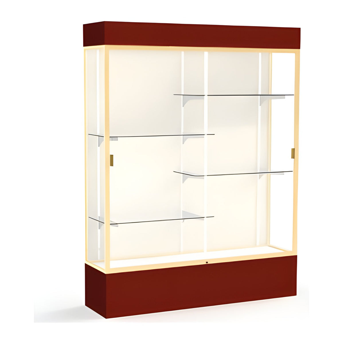 Spirit Maroon Display Case (Lighted), Plaque Fabric Back w/ Champagne aluminum frame finish, 80"H x 60"W x 16"D