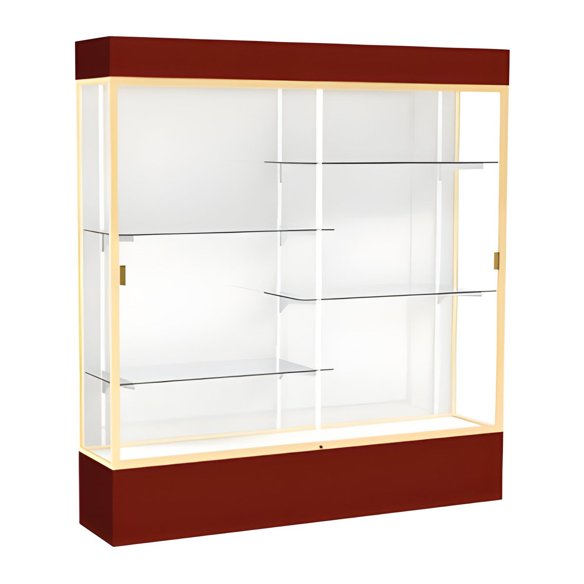 Spirit Maroon Display Case (Lighted), White Laminate Back w/ Champagne aluminum frame finish, 80"H x 72"W x 16"D