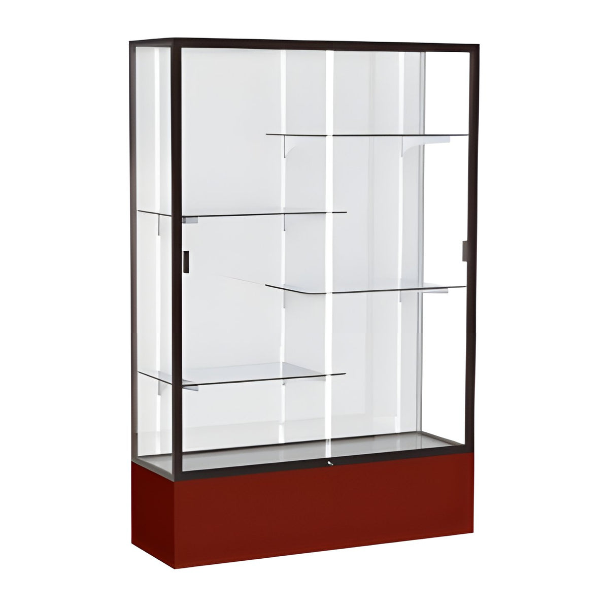 Spirit Maroon Display Case (Unighted), White Laminate Back w/ Dark Bronze aluminum frame finish, 72"H x 48"W x 16"D