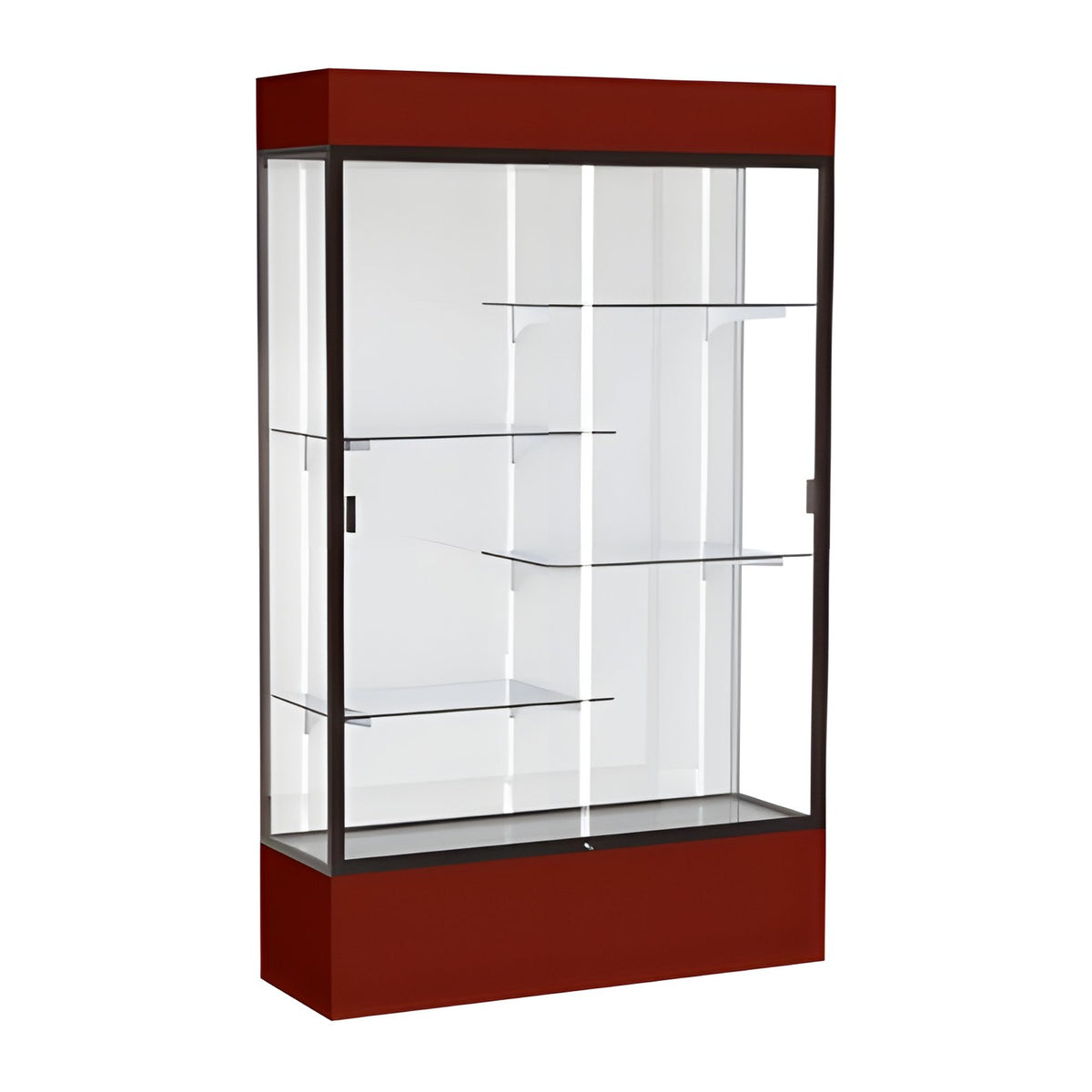 Spirit Maroon Display Case (Lighted), White Laminate Back w/ Dark Bronze aluminum frame finish, 80"H x 48"W x 16"D
