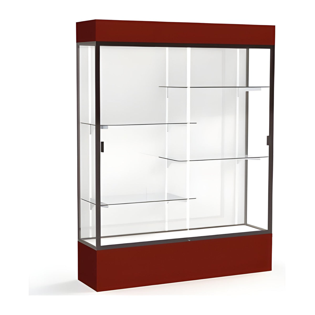 Spirit Maroon Display Case (Lighted), White Laminate Back w/ Dark Bronze aluminum frame finish, 80"H x 60"W x 16"D