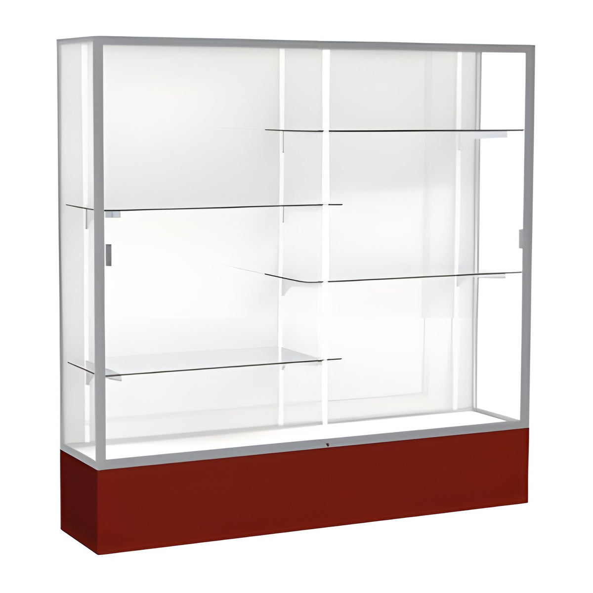 Spirit Maroon Display Case (Unighted), White Laminate Back w/ Satin Natural aluminum frame finish, 72"H x 72"W x 16"D