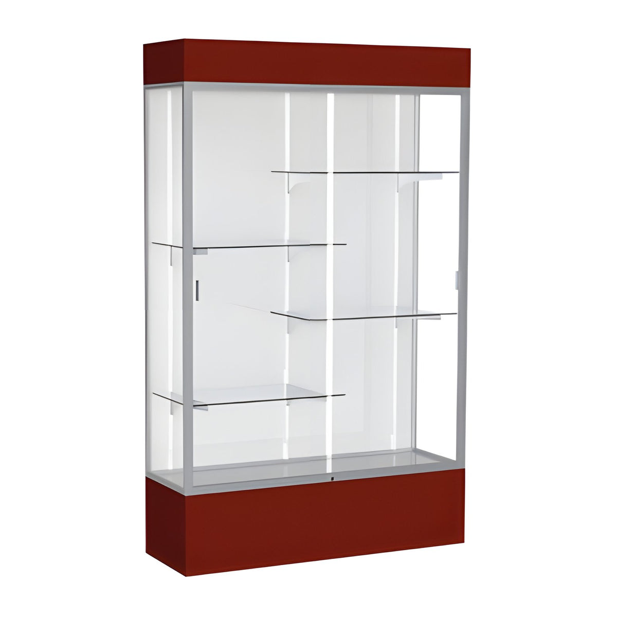 Spirit Maroon Display Case (Lighted), White Laminate Back w/ Satin Natural aluminum frame finish, 80"H x 48"W x 16"D
