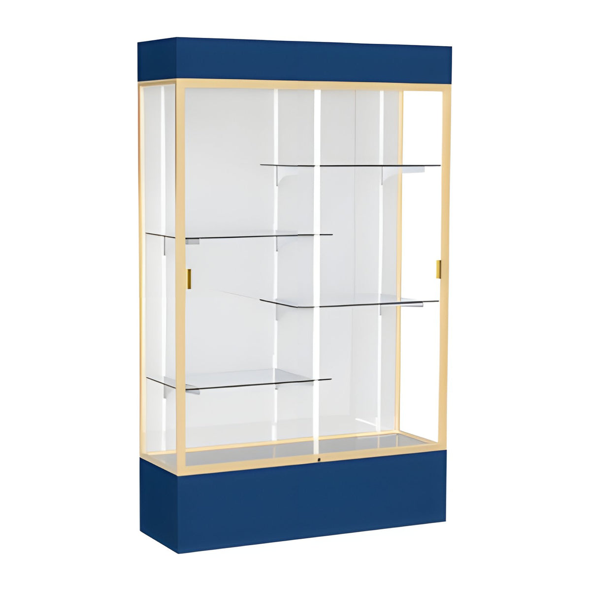 Spirit Navy Display Case (Lighted), White Laminate Back w/ Champagne aluminum frame finish, 80"H x 48"W x 16"D