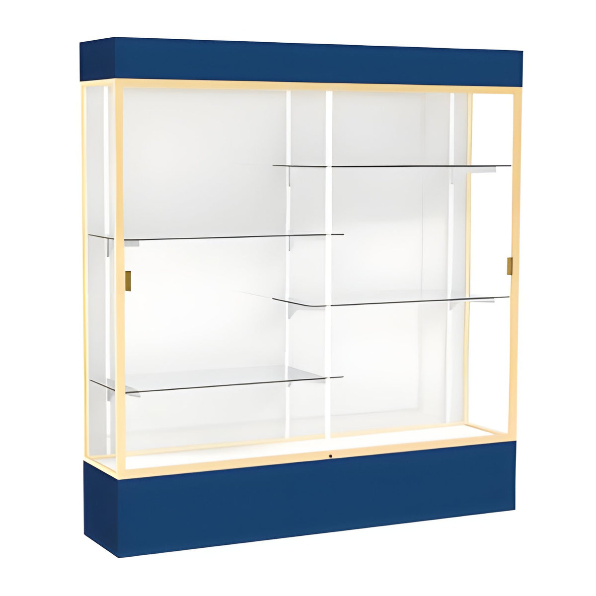 Spirit Navy Display Case (Lighted), White Laminate Back w/ Champagne aluminum frame finish, 80"H x 72"W x 16"D