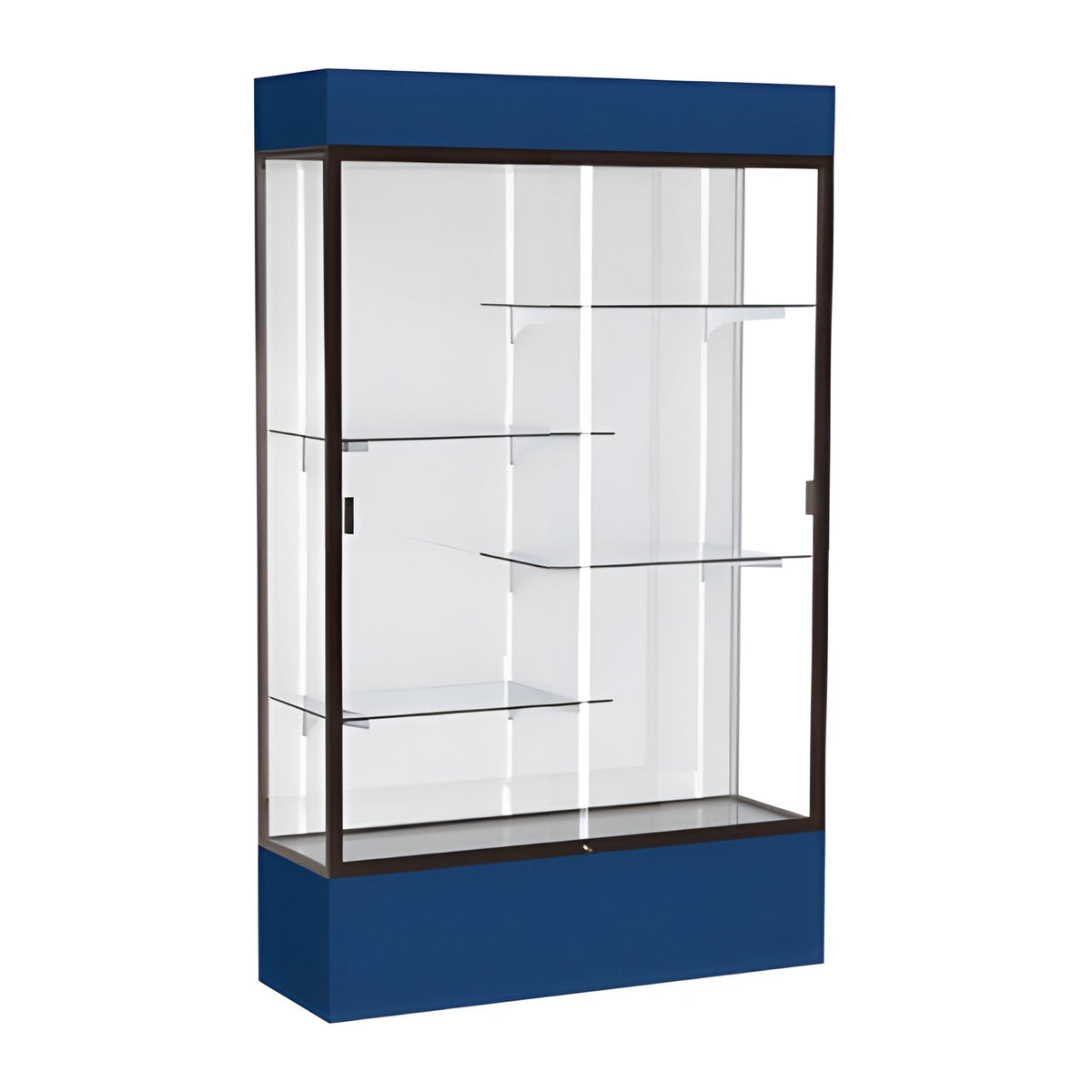 Spirit Navy Display Case (Lighted), White Laminate Back w/ Dark Bronze aluminum frame finish, 80"H x 48"W x 16"D