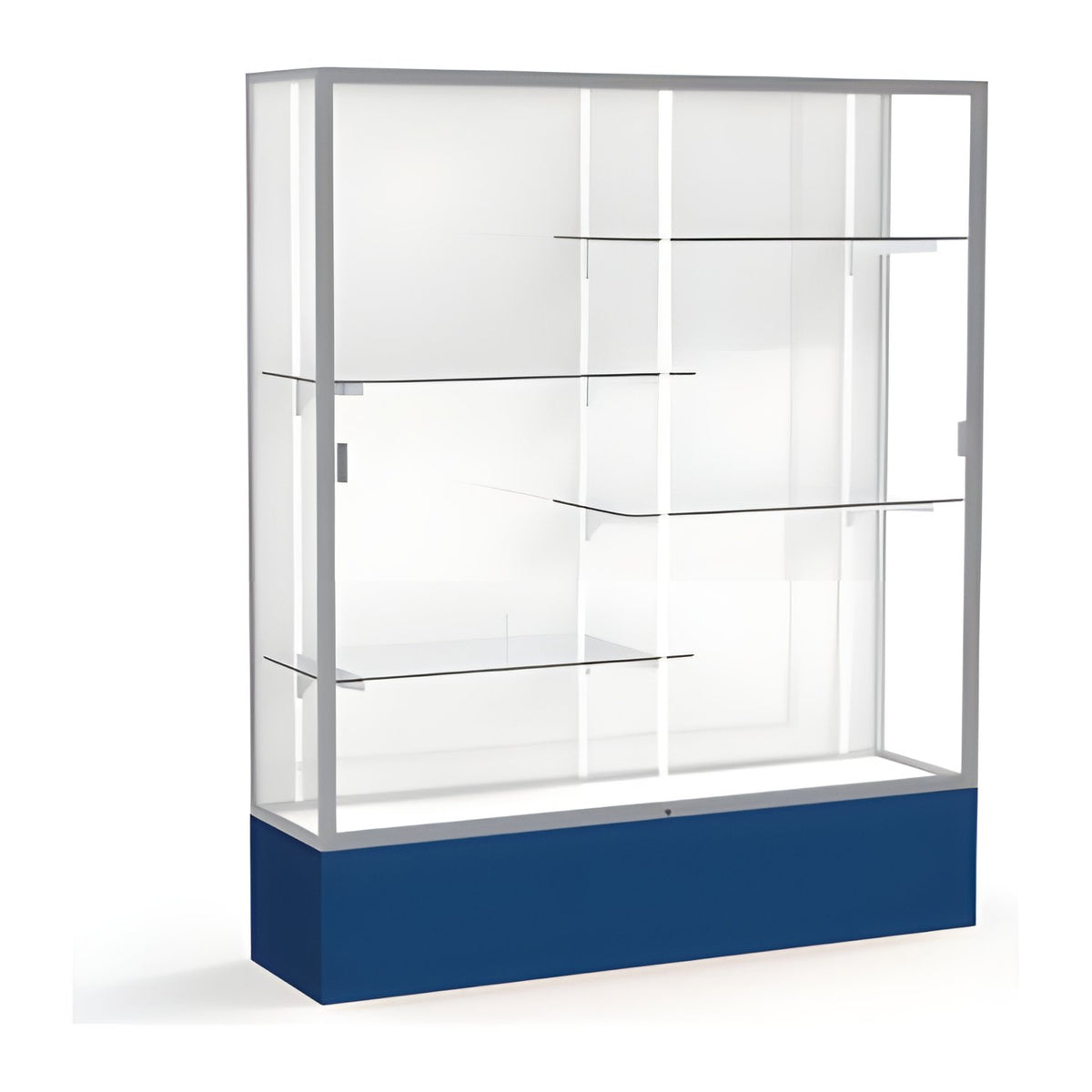 Spirit Navy Display Case (Unighted), White Laminate Back w/ Satin Natural aluminum frame finish, 72"H x 60"W x 16"D