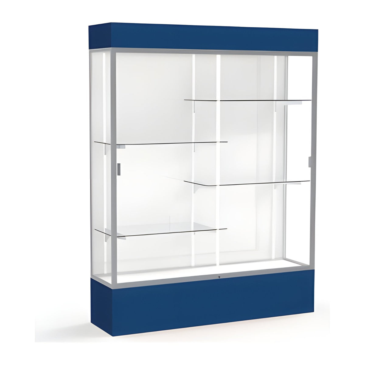 Spirit Navy Display Case (Lighted), White Laminate Back w/ Satin Natural aluminum frame finish, 80"H x 60"W x 16"D