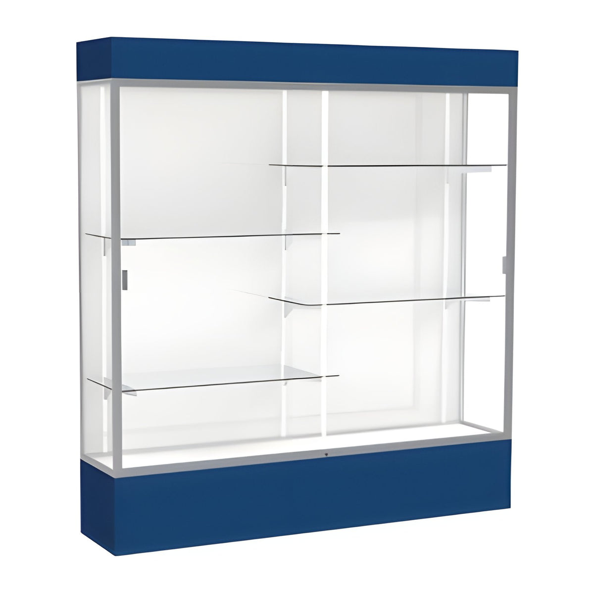 Spirit Navy Display Case (Lighted), White Laminate Back w/ Satin Natural aluminum frame finish, 80"H x 72"W x 16"D