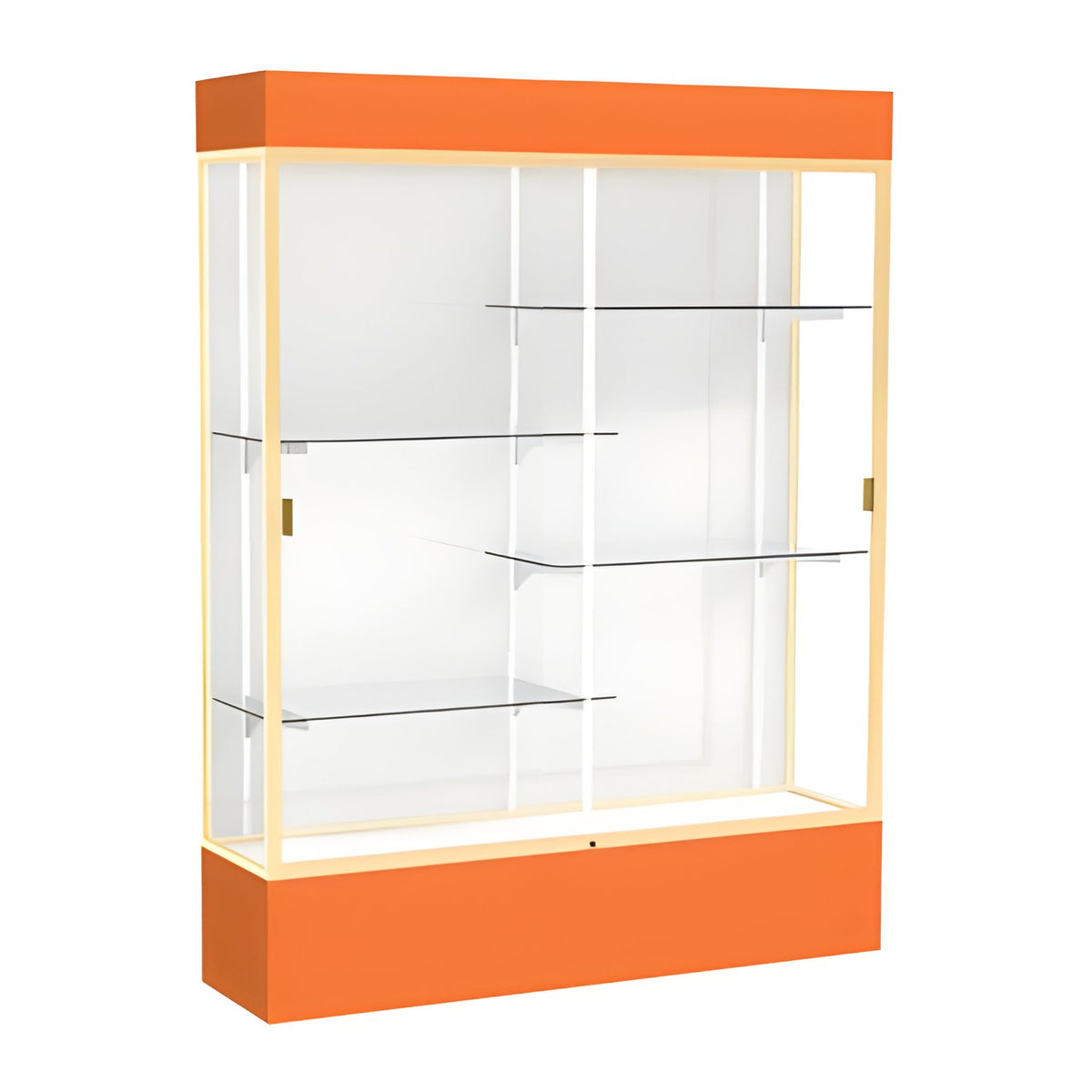 Spirit Orange Display Case (Lighted), White Laminate Back w/ Champagne aluminum frame finish, 80"H x 60"W x 16"D