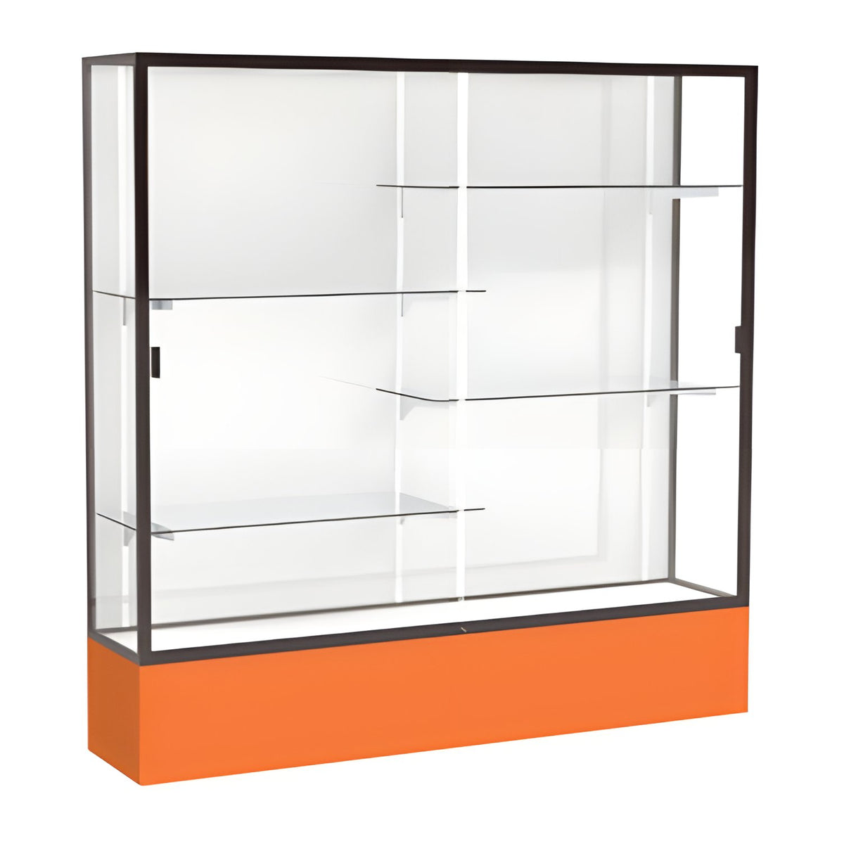 Spirit Orange Display Case (Unighted), White Laminate Back w/ Dark Bronze aluminum frame finish, 72"H x 72"W x 16"D