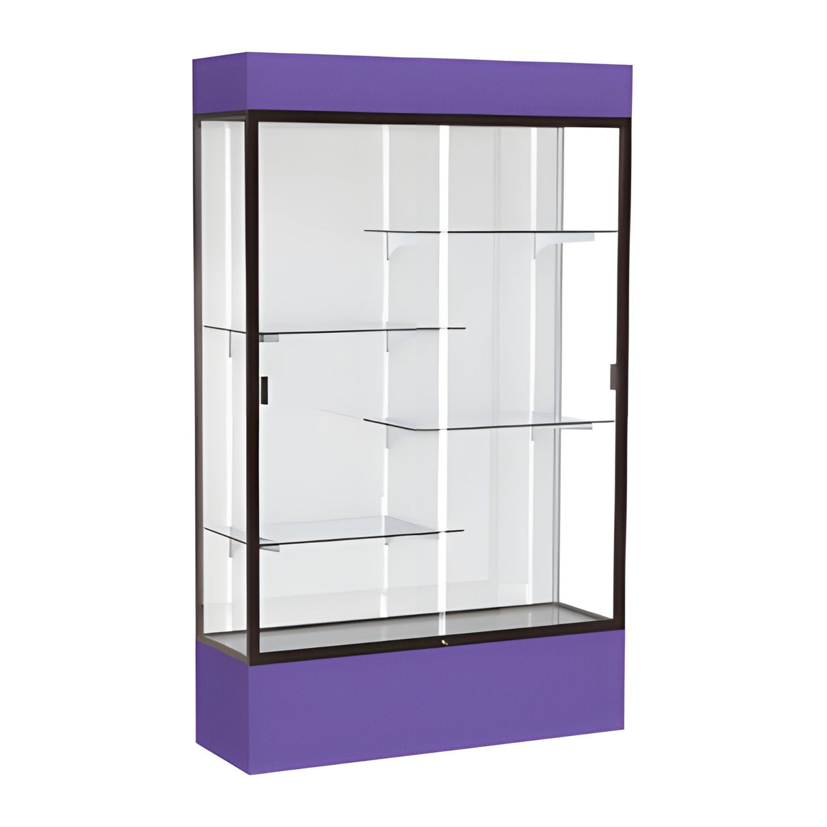Spirit Purple Display Case (Lighted), White Laminate Back w/ Dark Bronze aluminum frame finish, 80"H x 48"W x 16"D