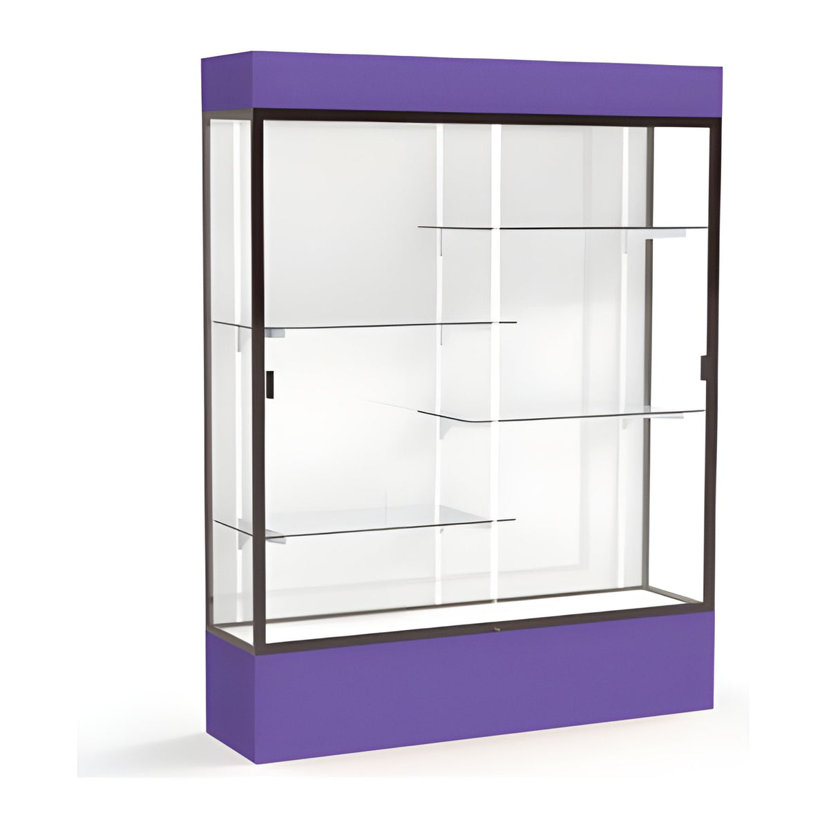 Spirit Purple Display Case (Lighted), White Laminate Back w/ Dark Bronze aluminum frame finish, 80"H x 60"W x 16"D