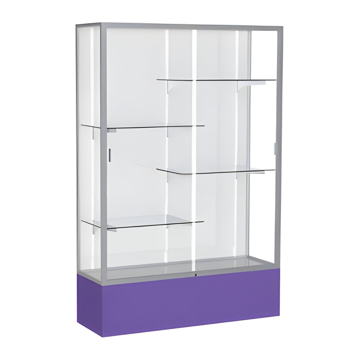Spirit Purple Display Case (Unighted), White Laminate Back w/ Satin Natural aluminum frame finish, 72"H x 48"W x 16"D