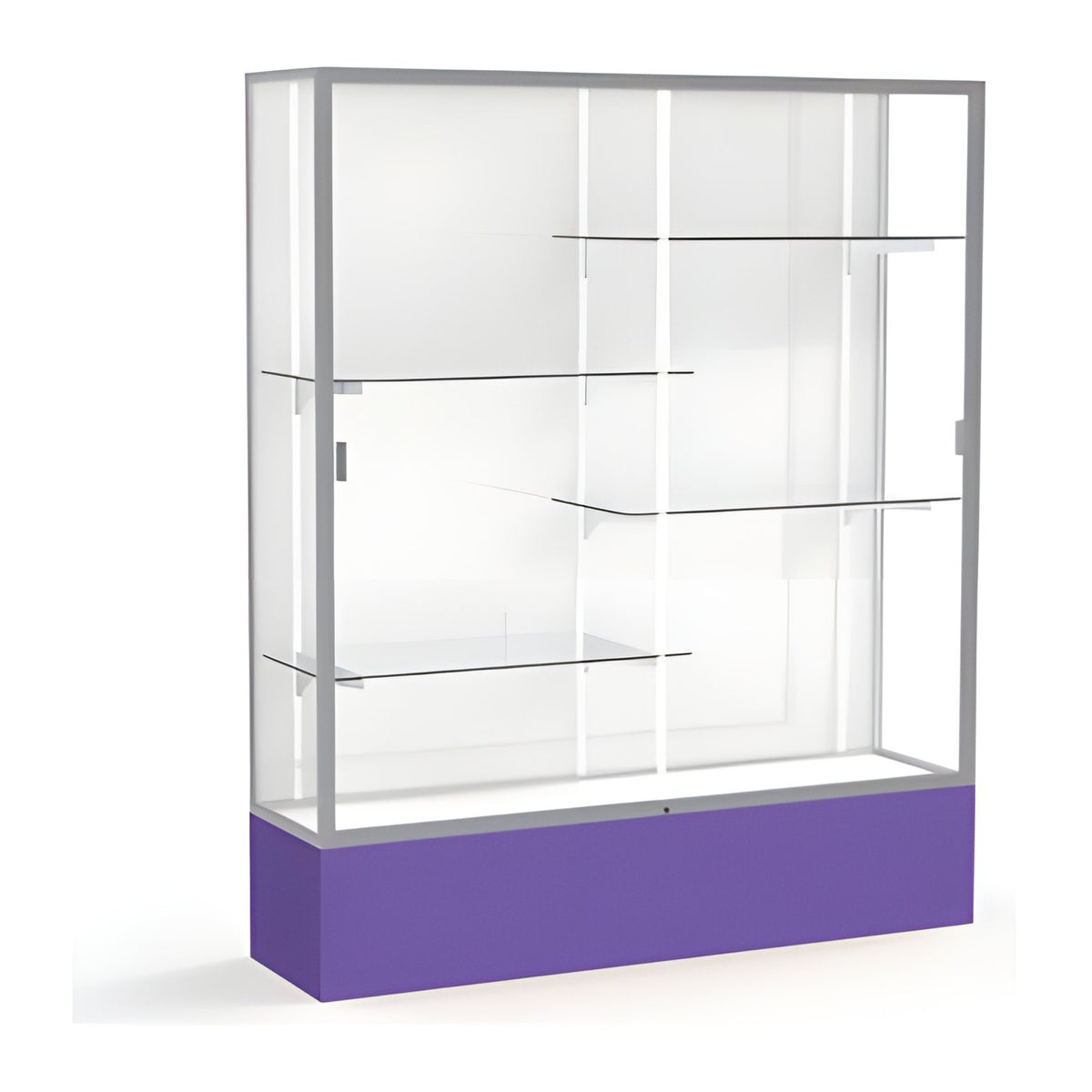 Spirit Purple Display Case (Unighted), White Laminate Back w/ Satin Natural aluminum frame finish, 72"H x 60"W x 16"D
