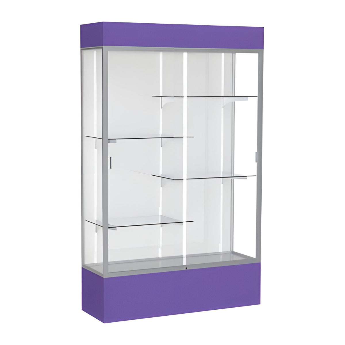 Spirit Purple Display Case (Lighted), White Laminate Back w/ Satin Natural aluminum frame finish, 80"H x 48"W x 16"D