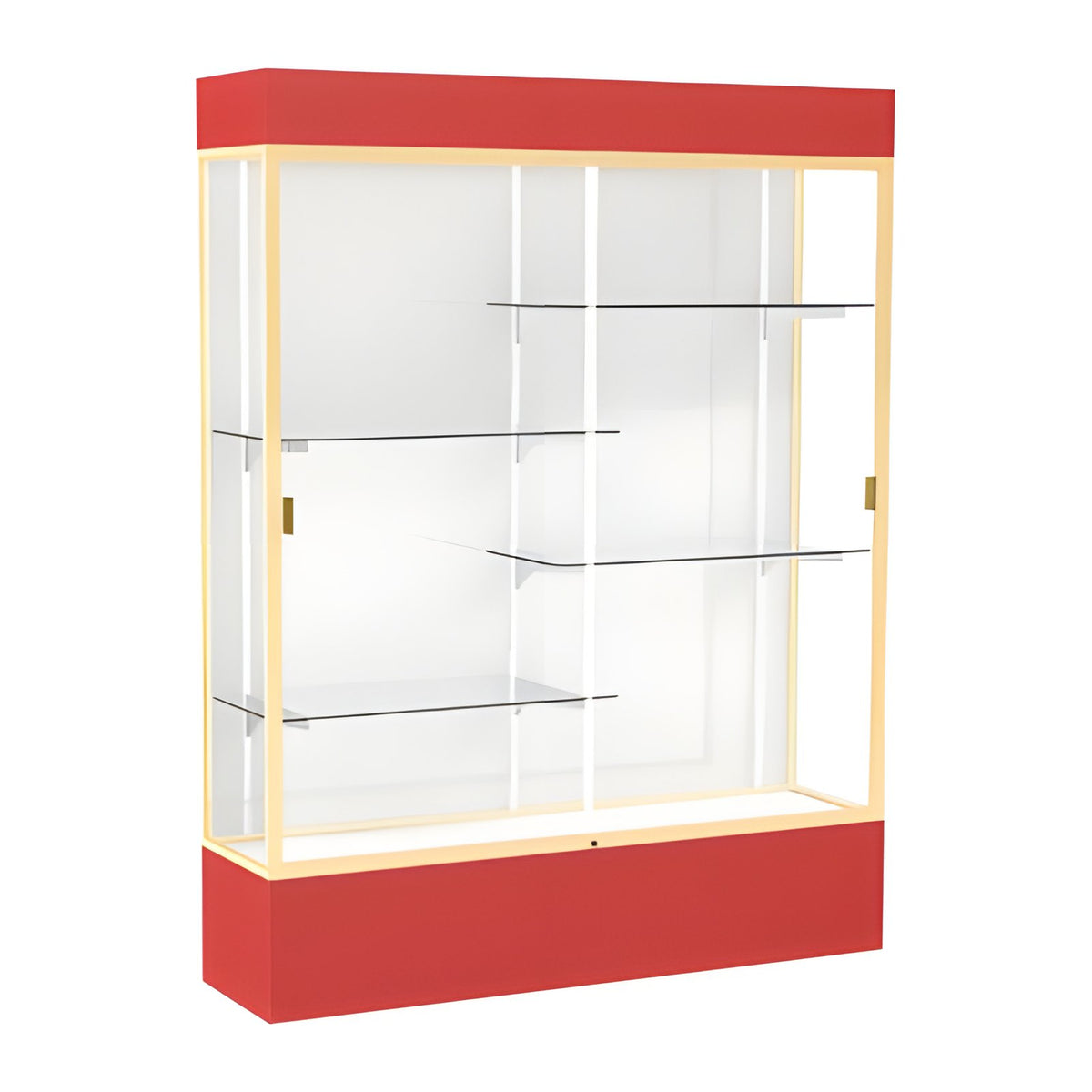 Spirit Red Display Case (Lighted), White Laminate Back w/ Champagne aluminum frame finish, 80"H x 60"W x 16"D