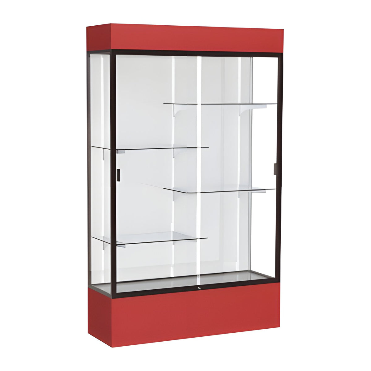 Spirit Red Display Case (Lighted), White Laminate Back w/ Dark Bronze aluminum frame finish, 80"H x 48"W x 16"D