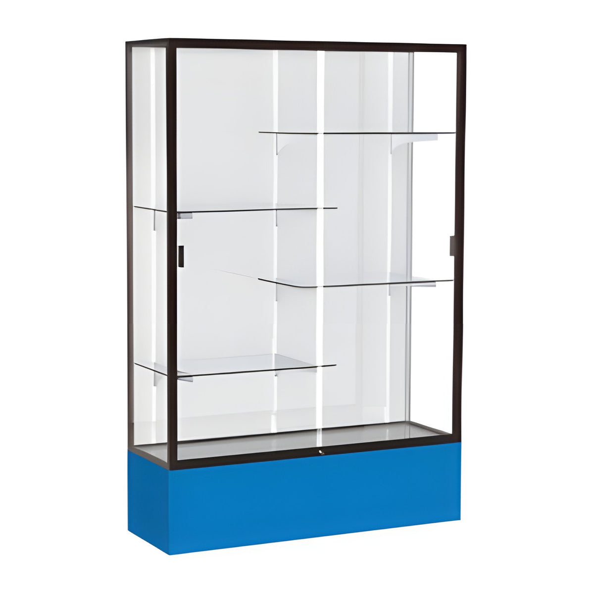 Spirit Royal Blue Display Case (Unighted), White Laminate Back w/ Dark Bronze aluminum frame finish, 72"H x 48"W x 16"D