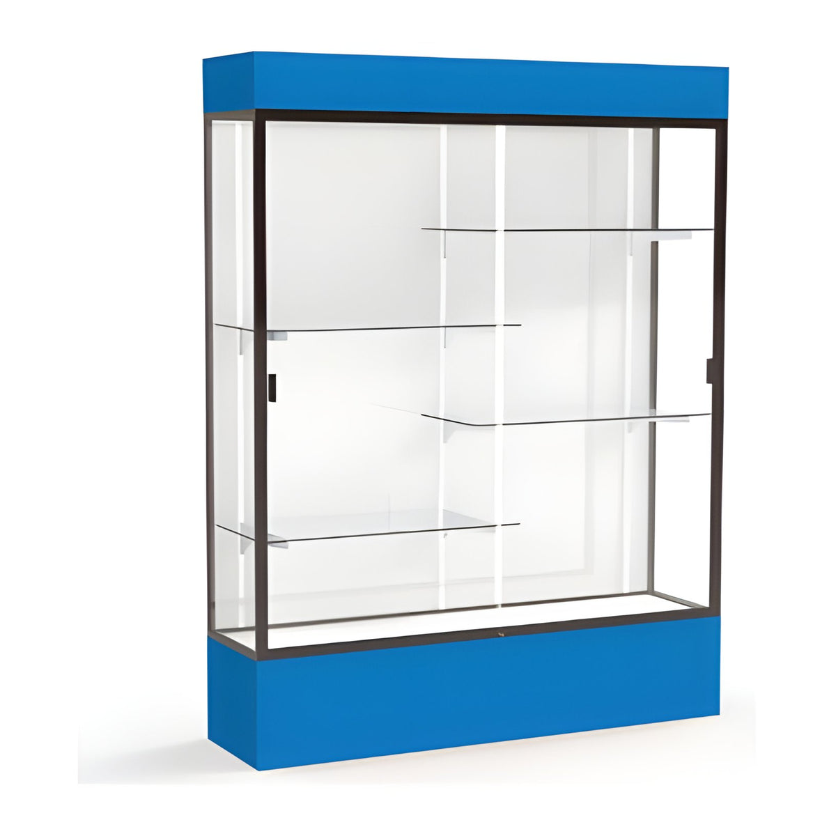 Spirit Royal Blue Display Case (Lighted), White Laminate Back w/ Dark Bronze aluminum frame finish, 80"H x 60"W x 16"D