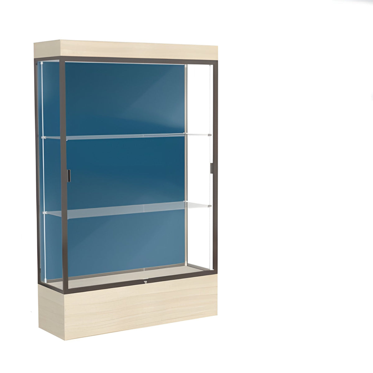 Edge Lighted Floor Display Case, 12" Beigewood Base w/ Blue Steel Back and Dark Bronze Aluminum Frame, 76"H x 48"W x 20"D