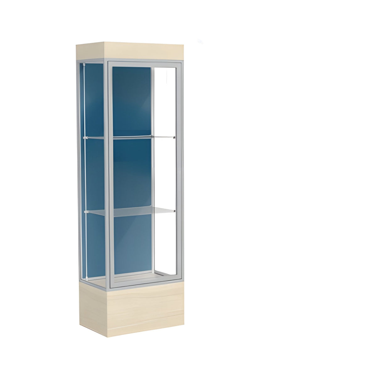 Edge Lighted Floor Display Case, 12" Beigewood Base w/ Blue Steel Back and Satin Natural Aluminum Frame, 76"H x 24"W x 20"D