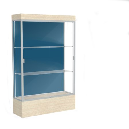 Edge Lighted Floor Display Case, 12" Beigewood Base w/ Blue Steel Back and Satin Natural Aluminum Frame, 76"H x 48"W x 20"D