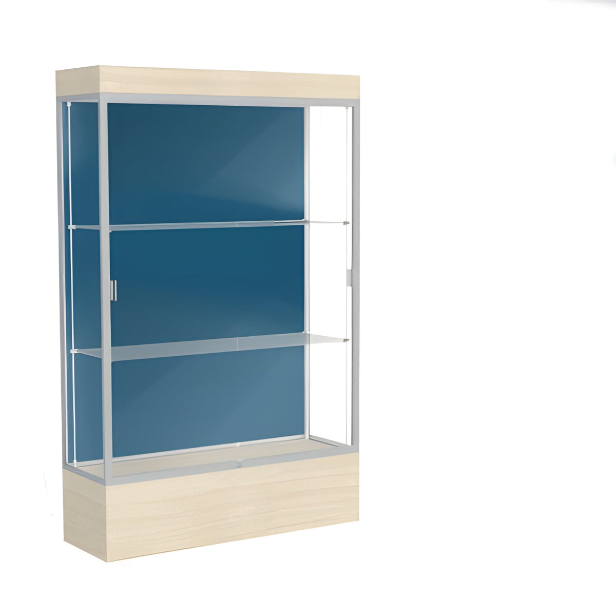 Edge Lighted Floor Display Case, 12" Beigewood Base w/ Blue Steel Back and Satin Natural Aluminum Frame, 76"H x 48"W x 20"D