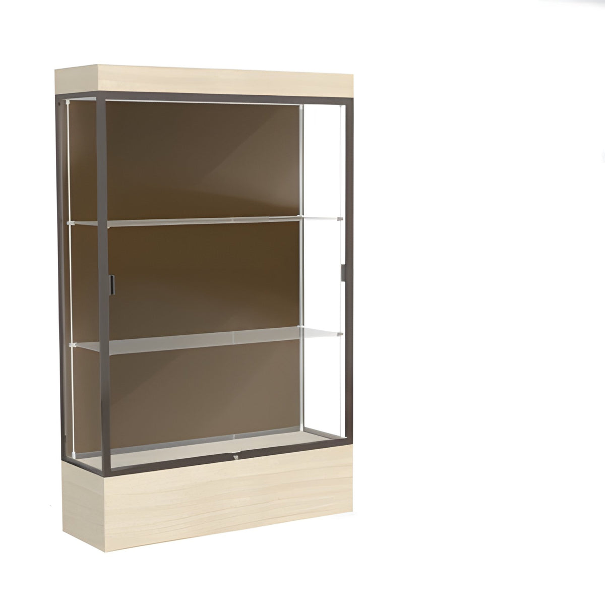 Edge Lighted Floor Display Case, 12" Beigewood Base w/ Chocolate Back and Dark Bronze Aluminum Frame, 76"H x 48"W x 20"D