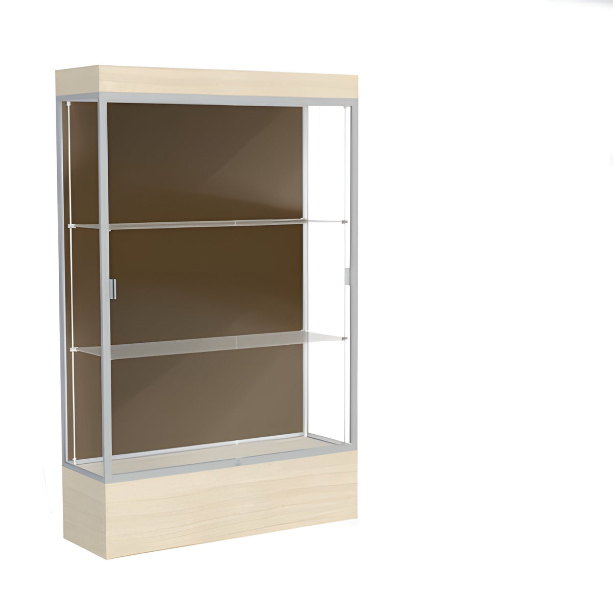 Edge Lighted Floor Display Case, 12" Beigewood Base w/ Chocolate Back and Satin Natural Aluminum Frame, 76"H x 48"W x 20"D