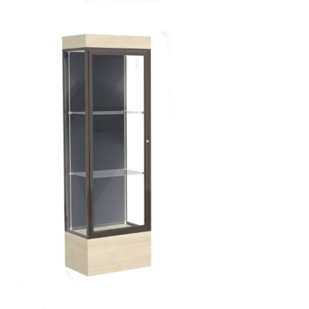 Edge Lighted Floor Display Case, 12" Beigewood Base w/ Slate Back and Dark Bronze Aluminum Frame, 76"H x 24"W x 20"D