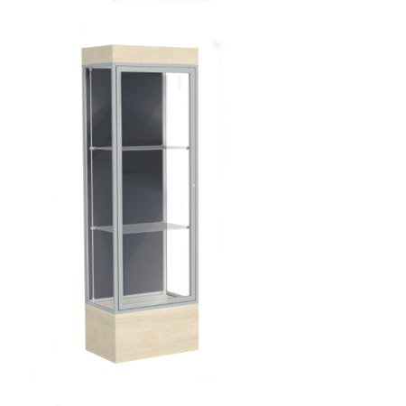 Edge Lighted Floor Display Case, 12" Beigewood Base w/ Slate Back and Satin Natural Aluminum Frame, 76"H x 24"W x 20"D