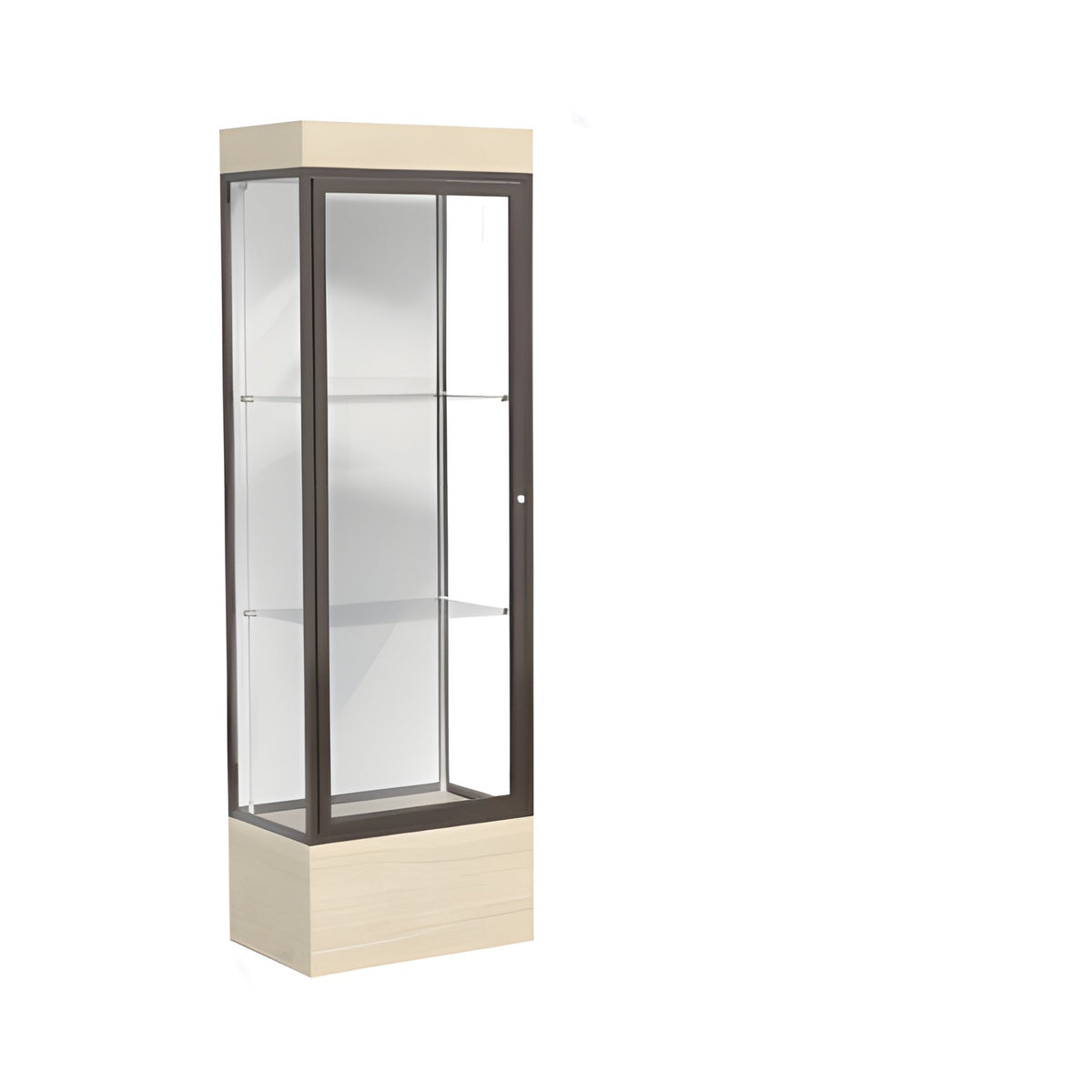 Edge Lighted Floor Display Case, 12" Beigewood Base w/ White Back and Dark Bronze Aluminum Frame, 76"H x 24"W x 20"D