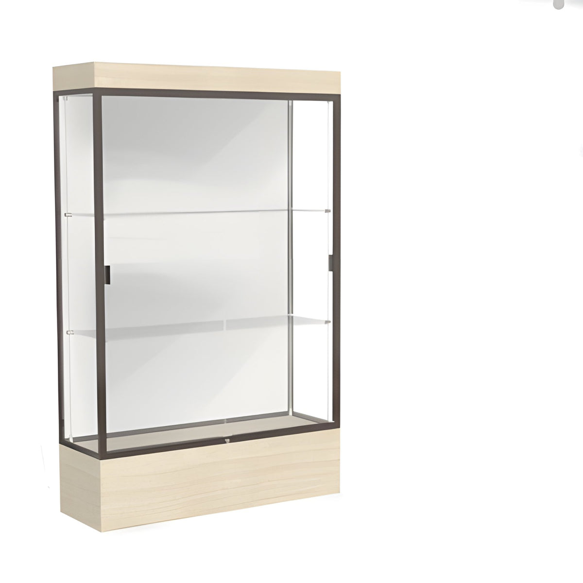 Edge Lighted Floor Display Case, 12" Beigewood Base w/ White Back and Dark Bronze Aluminum Frame, 76"H x 48"W x 20"D