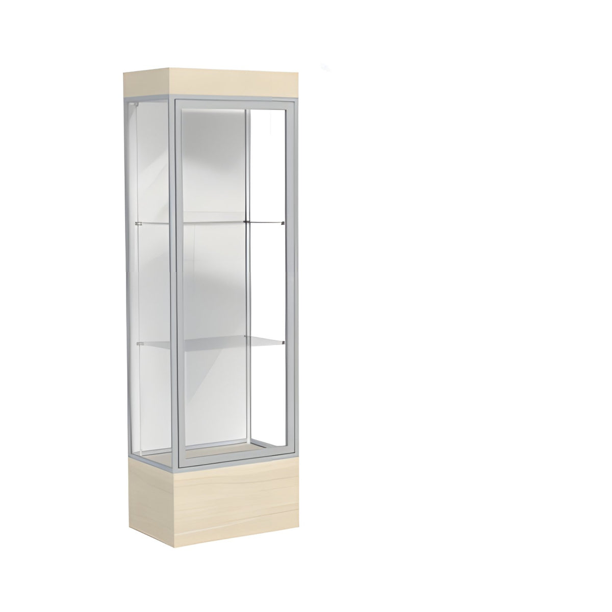 Edge Lighted Floor Display Case, 12" Beigewood Base w/ White Back and Satin Natural Aluminum Frame, 76"H x 24"W x 20"D