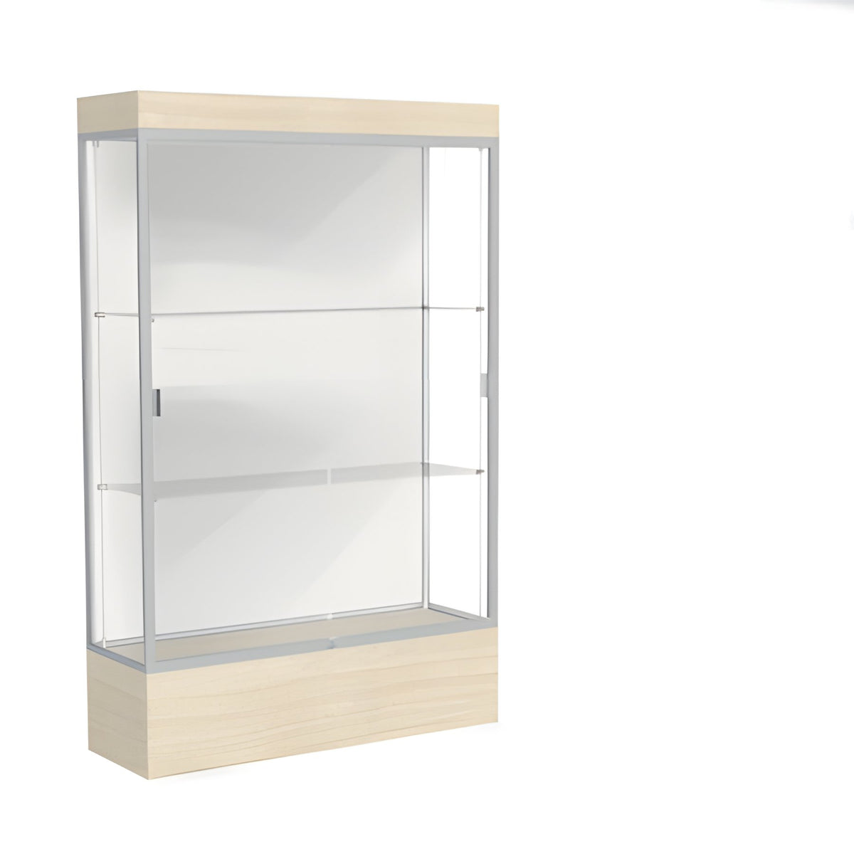 Edge Lighted Floor Display Case, 12" Beigewood Base w/ White Back and Satin Natural Aluminum Frame, 76"H x 48"W x 20"D