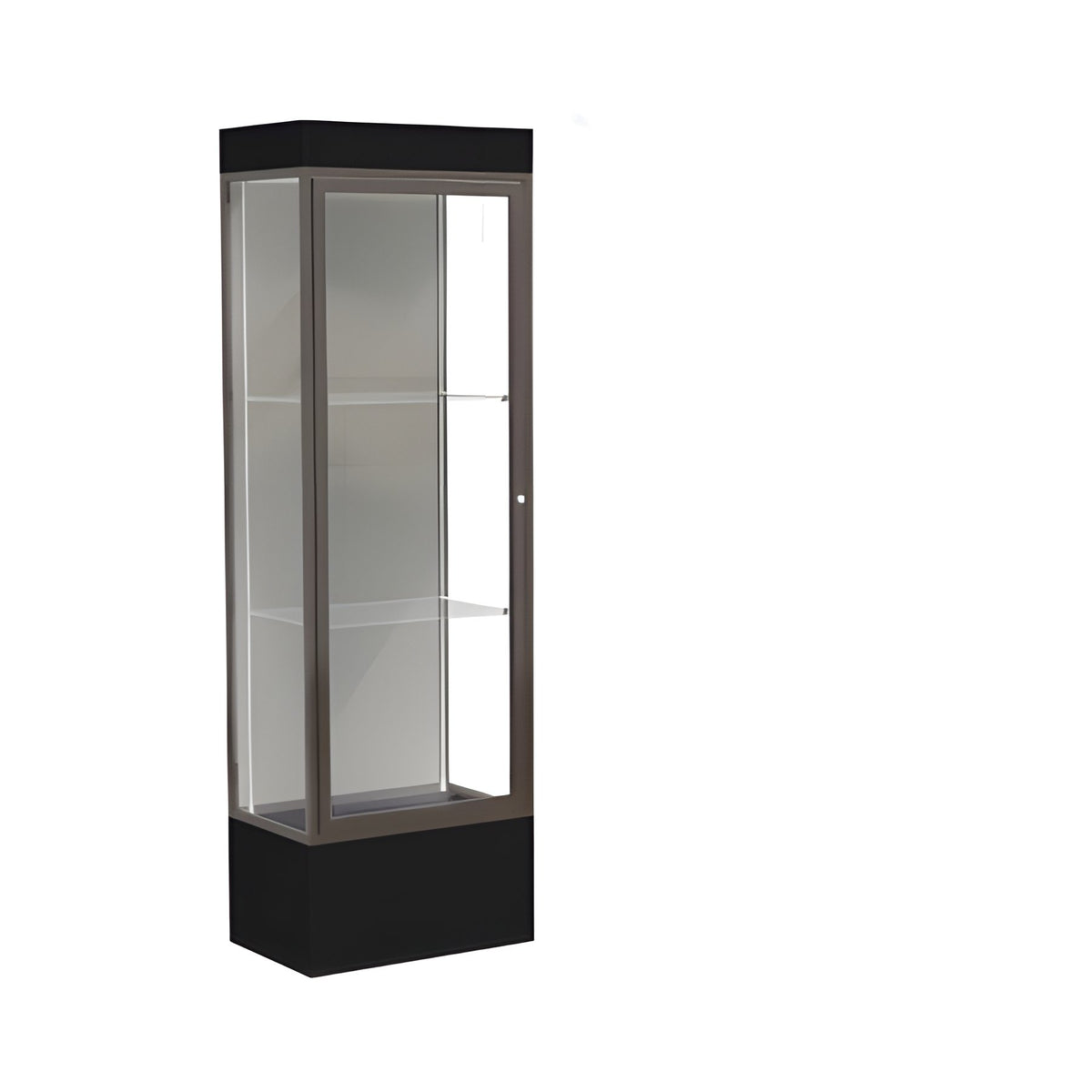 Edge Lighted Floor Display Case, 12" Black Base w/ Harbor Back and Dark Bronze Aluminum Frame, 76"H x 24"W x 20"D