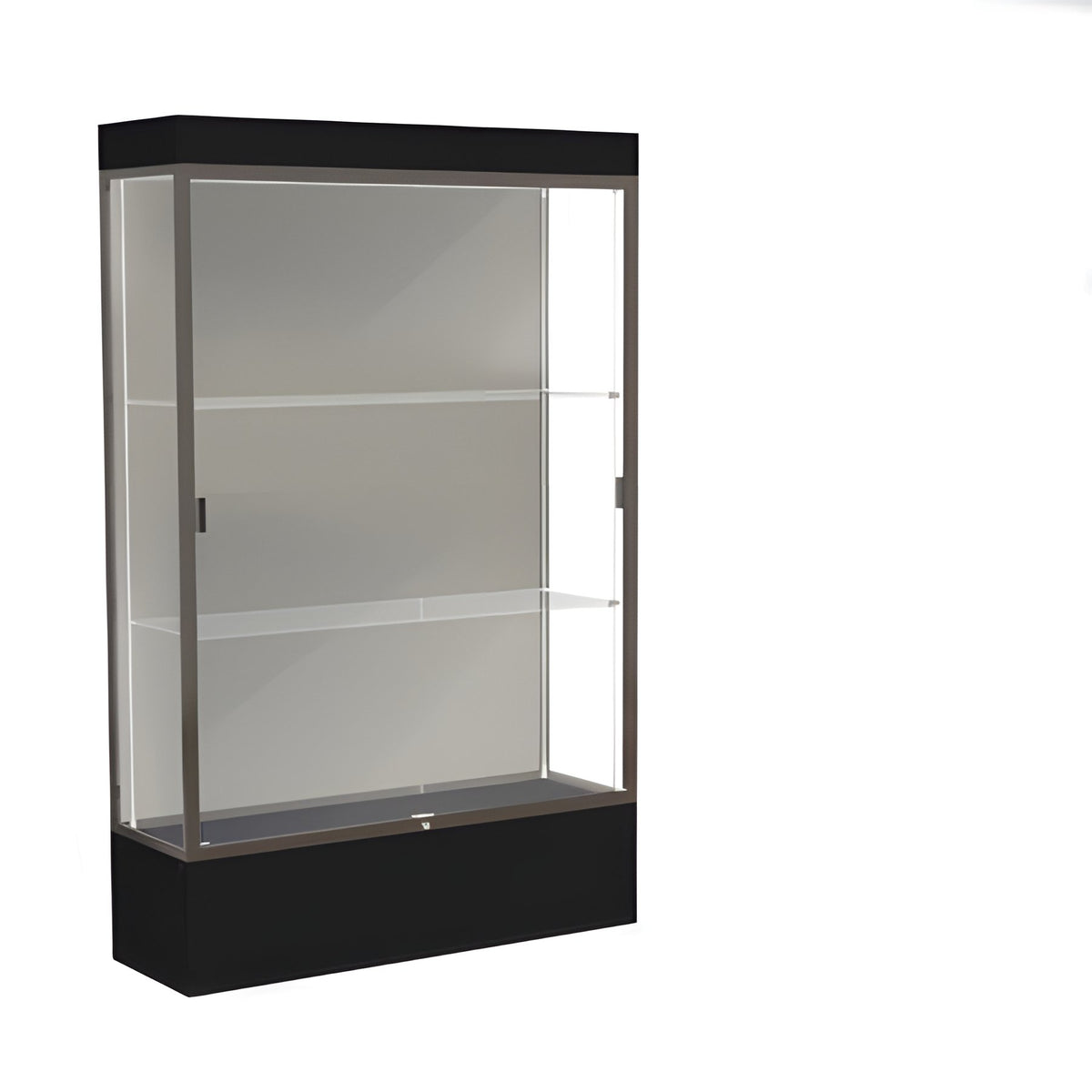 Edge Lighted Floor Display Case, 12" Black Base w/ Harbor Back and Dark Bronze Aluminum Frame, 76"H x 48"W x 20"D